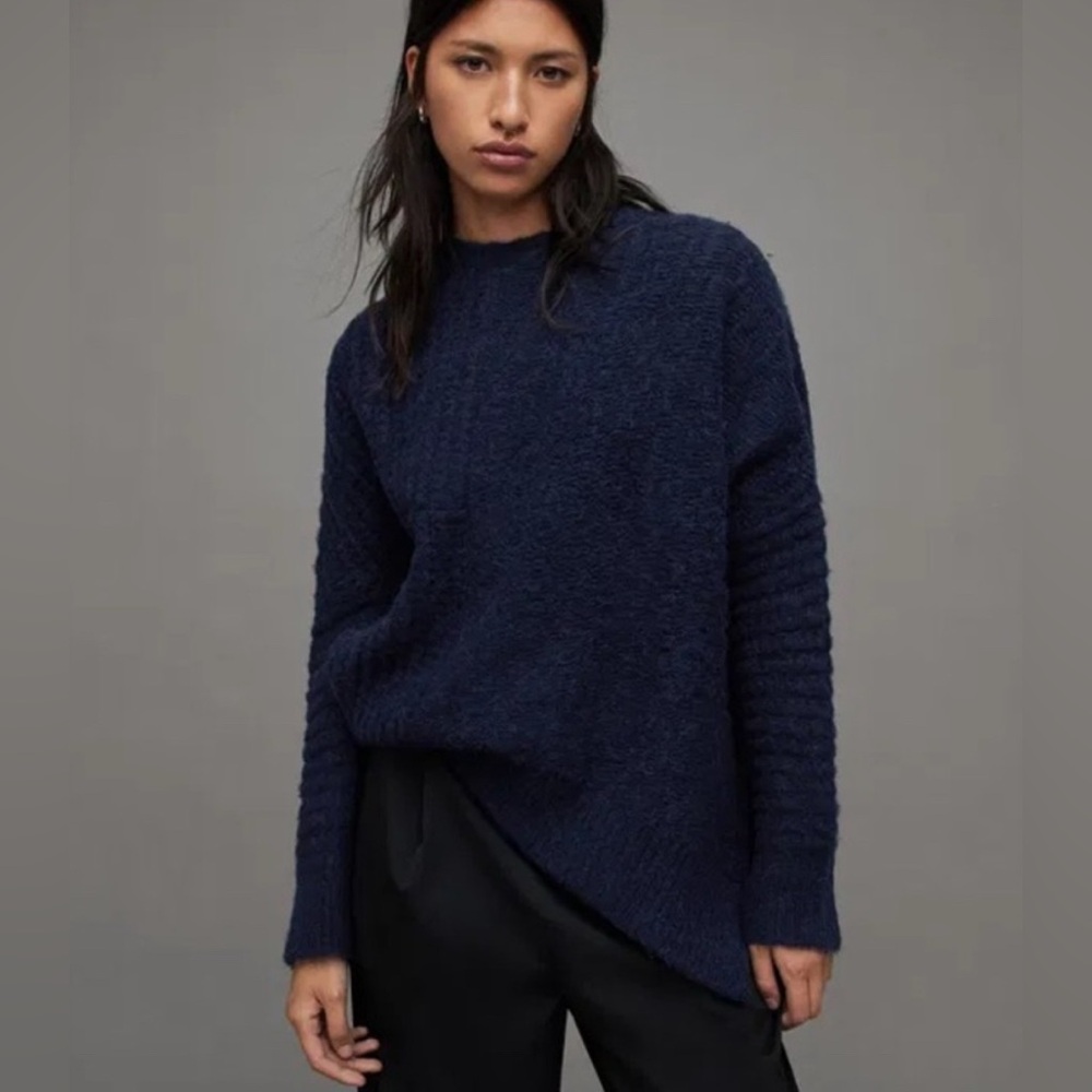 $279 ALL-SAINTS Selena Asymmetric Wool Blend sweater Jumper navy alpaca wool XS